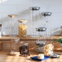 마카 캐니스터 내열유리 밀폐용기 모음 슬리콘 패킹, 우드커버-950ml