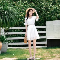 감미로운 선녀 스커트 여름 느낌 투피스 반팔 오프숄더 A라인 원피스 화이트 드레스 v