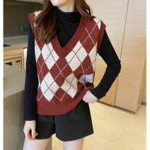 데이홀릭 여성용 브이넥 가을 깊은 브이넥 아가일체크 니트 조끼