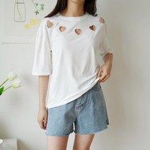 네쥬 여성 여름 기본 라운드 무지 하트 펀칭 반팔 면 티셔츠
