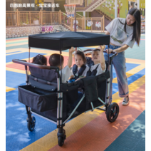 4명 유모차 캠프 카 야외 접이식 트롤리 여행 육아, 블랙 4인승 기본형+ 레인 커버 + 모기장