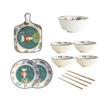 Hongjiu 가정용 동화 한식기세트, 공기 4개 + 대접 1개 + 접시 2개 + 오븐그릇 + 젓가락 4쌍, 그린 + 화이트