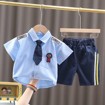 LZYJY 소년 정장 여름 서양식 경찰 옷 2022 새로운 어린이 여름 옷 잘 생긴 아기 반팔 두 조각 정장