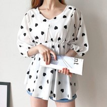 네쥬 여성 여름 브이넥 하트패턴 프릴 예쁜 반팔 블라우스
