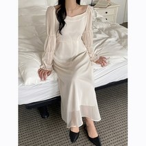 파스텔 긴팔 쉬폰 소매 밴딩 플레어 롱 원피스