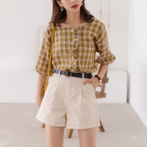 세련된 스퀘어넥 체크 프릴 블라우스