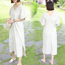 터치라인 리모 린넨 브이넥 트임 루즈핏 롱 원피스
