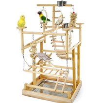 LIMIO 새 놀이터 앵무새 플레이스탠드 천연 나무 새 횃대 스탠드 잉꼬 앵무새 새 장난감용 새 놀이 체육관 놀이 울타리 새장 액세서리 탈착식 트레이 및 스테인리스 스틸 컵