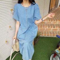 상상그이상 여성용 꼬끄 데님 반팔 롱원피스 루즈핏 절개주름 체형커버 양포켓 포인트 사이즈좋은 데일리 청원피스 젊줌마룩
