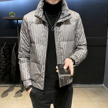 남학생 슬림핏 스트라이프 레터링 오리털 숏 패딩 유광 블랙 그레이 가벼운 따뜻한 학생