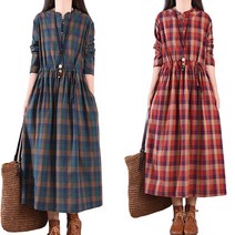 JUSTFEELING 긴팔 체크 원피스 허리 조절 슬림 캐주얼 루즈핏 린넨원피스 빅사이즈