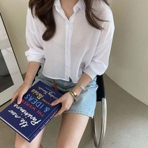 마롱패션 여자 거즈 남방 솔리드 블라우스 블루 아이보리