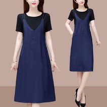 멜빵원피스 멜빵원피스 페이크레이어링 멜빵 반팔 빅사이즈 여성원피스 2022여름 트렌드 레저 뱃살가림 어머니 스커트