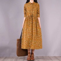 봄 가을 복고풍 꽃무늬 원피스 롱 긴팔 허리 스트링