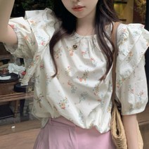 베이비돌블라우스 프릴 빈티지 플라워 반팔 셔츠 라운드넥 반팔 꽃무늬 7부 루즈핏
