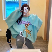데일리룩 신상밤비 캐릭터 프린트 여성 맨투맨 티셔츠