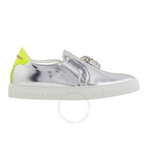 Philipp Plein 실버 메탈라이즈 가죽 슬립 온 스컬 슈즈 브랜드 사이즈 37(미국 7)