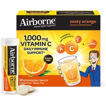 Airborne 1000mg 비타민C 아연 발포성 항산화제 보조제 AC E30 탄산 음료 오렌지맛 30태블릿, 기본