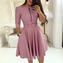 예복원피스 아나운서 우아한 여성 솔리드 하프 슬리브 파티 드레스 가을 캐주얼 지퍼 무릎 길이 미디 숙녀