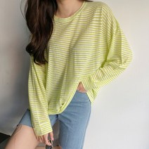 네쥬 여성 봄 여름 루즈핏 스트라이프 긴팔 티셔츠