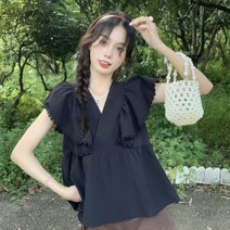 브이넥 랩 여름 프릴 러플 캡소매 반팔 블라우스 카라없는 하늘하늘 A라인 샤랄라 보세 SY