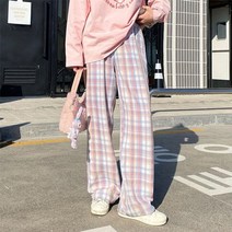 핫핑크바지 캐주얼 바지 귀여운 일본 달콤한 사랑스러운 카와이 하이웨이스트 핑크 탄성 스트레이트 격자 무늬 인스 느슨한 봄 가을 streetwear