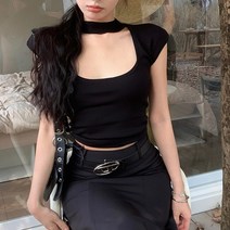 초커 스퀘어넥 크롭 반팔 니트 티셔츠 2J113428