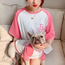 커플티 견주 강아지 옷 패치 워크 애완 동물 셔츠 복장 봄 여름 개 개를위한 매칭 French Bulldog Ropa Perro Pet Coat, 분홍색+L For Pet