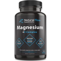 Natural Flow 4X 마그네슘 콤플렉스 타우레이트 글리시네이트 말레이트 오로테이트 킬레이트 고흡수 mg 보충제 블렌드 진정 수면 경련 구연산 또는 산화물 없음 4 캡슐 -, 기본