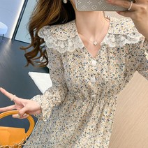 우리봄빛[M-2XL]레이스 빅카라 플라워 퍼프 플리츠 미디 원피스