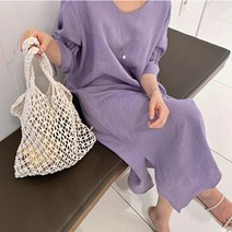 Makone 상표등록 마원피스 와이드 루즈핏 슬림핏 여성 페미닌 버블 소매 린넨 미디롱 여름