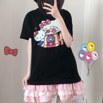 [한손에요]Sanrio 헬로 키티 일본식 귀여운 느슨한 만화 인쇄 고딕 t-셔츠 반팔 Tshirt 탑스 티즈 여자 여자 미학, 검정색, S