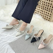 [또오세] 여성 뾰족코 큐빅 리본 뮬 슬리퍼 미들힐7cm