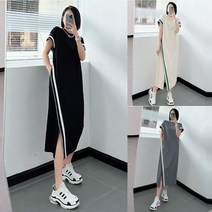 [L-4XL] 원피스 여성 여름 반팔 스트라이프 트임 언발 오버사이즈 박스 롱 배색 a라인 스커트 맥시 빅사이즈 3XL 루즈핏 편한 캐주얼 패션 데일리 시원한