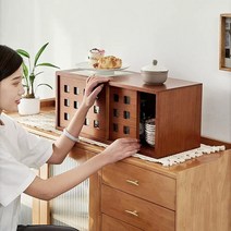 원목 미니 그릇장 정리대 수납장 미닫이문 카페 쇼케이스 레트로 보관함, 브라운