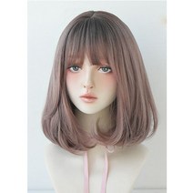 여성 가발 단발머리 자연 연색 +가발망 세트, 핑크 린넨(정수리염색)36CM