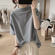 여성 목폴라티 하프 하이 칼라 티셔츠 여성 봄 여름 새로운 느슨한 얇은 한국어 버전 단순 반팔면 기본 탑