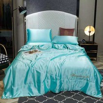 여름 담요 아이스 실크 이불 시원한 느낌 수면 벌거 벗은 이불 자수 세탁 가능한 전체 킹 섬유 프로세스 침구 1 피스, Water Green