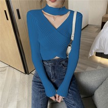 kirahosi 키라호시 순수 스타일 크로스 V 넥 높은 허리 짧은 탑 긴팔 티셔츠 초가을과 겨울 니트베이스 셔츠 여성 DH05888