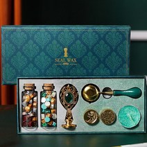 그린 실링왁스 스탬프 세트 씰 선물 인장 3가지, 그린보석골드손잡이
