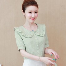 미시셔츠 여름옷 반팔 와이셔츠 순면 코튼 플랫카라 단아한 스위트 숲 벌룬소매 2260369650