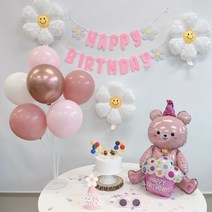 [파티풍선생일가랜드데이지] 민즈셀렉트 생일 곰돌이 데이지 풍선 생일파티 파티풍선 세트, 핑크 생일곰