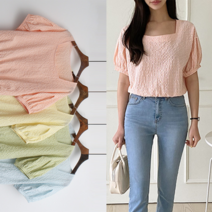 귀여운 체크 스퀘어넥 셔링소매 반팔 크롭 블라우스 DK