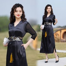 Uni 여성 여름 생활한복 검정 원피스 엘레강스 슬림 롱스커트