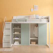 엘리트 철제 벙커침대 SS 계단형 옷장형세트E 본넬스프링12T매트포함, 화이트 템바보드민트