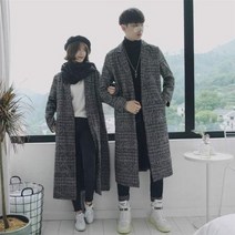 트렌치코트 모직 코트 남녀 커플 체크 코트 중 롱 무릎망토 트렌치코트
