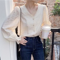 오노마 오노마 ONM 여성 데일리 큐티 어깨 퍼프 긴 소매 블라우스 셔츠 (9014495)