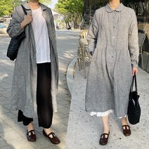 다루 카라 체크 린넨 원피스 100 루즈핏 빅사이즈 롱 로브 마