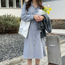 그녀의 신발 / (빠른배송)캐주얼 스트라이프 셔츠 원피스 블루 브라
