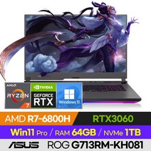 ASUS ROG STRIX G17 G713RM-KH081 고사양 배그 롤 서든 오버워치 렘브란트 17인치 게이밍 노트북 (R7-6800H/RTX3060), 윈도우 포함, 64GB, 1TB, 라이젠7, 이클립스 그레이
